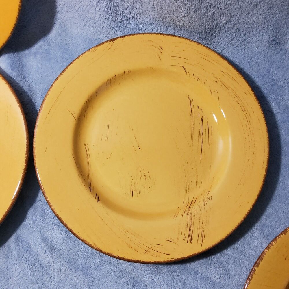 4 HOME Made in Italy Yellow Ochre Tuscan Distressed 11" Dinner Plates Stoneware - Picture 2 of 7